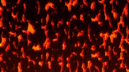 Hot flowing magma abstract texture with glowing red and orange veins on black rocky surface. Ideal for backgrounds, science projects, geology visuals or dramatic heat effects. Not looped.