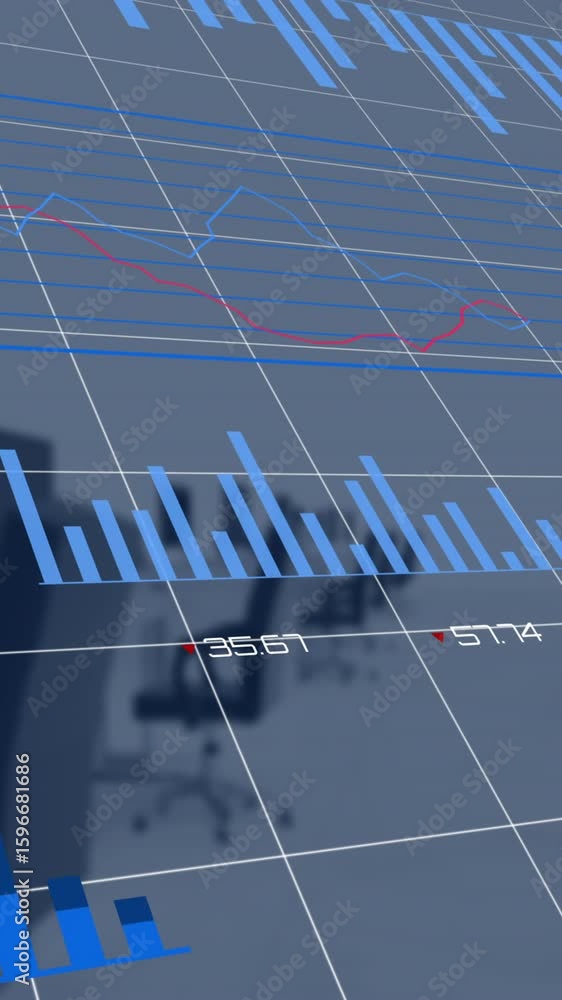Poster animation of blue charts processing data over computers on desks at empty office