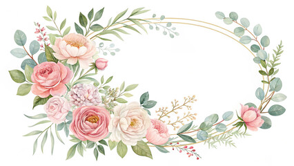 Romantic Floral Wreath in Watercolor Style – Roses and Peonies Vector