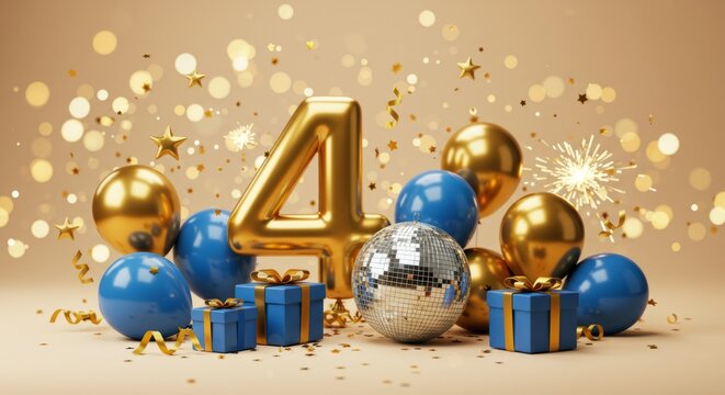 Fourth anniversary celebration with golden balloons, disco ball, and gift boxes - Powered by Adobe