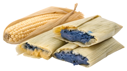 A close up of tamales and corn on the background