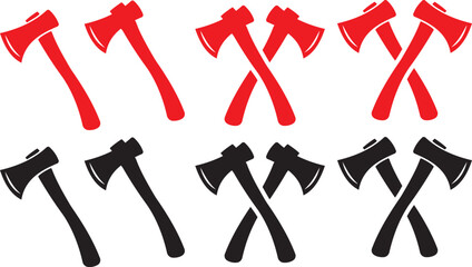  Crossed Axe Silhouette Vector Icons with Tree Stump – Minimal Woodcutter and Lumberjack Design Illustration.