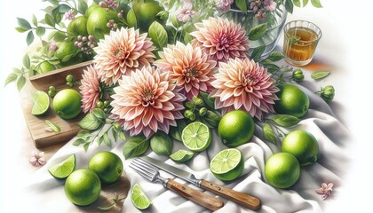 Fresh Limes and Dahlia Flowers Still Life Illustration