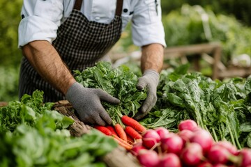 Fototapeta premium Anonymous chef collecting fresh vegetables on a farm for culinary creations and dishes