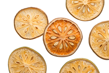 Slices of dried bael fruit on a black background
