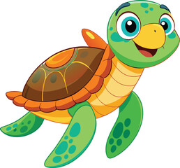 Obraz premium A cheerful green cartoon turtle with a funny smile and a cute shell, enjoying nature