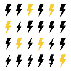 Lightning Bolt Vector Icons in Black, White Outline, and Yellow Fill