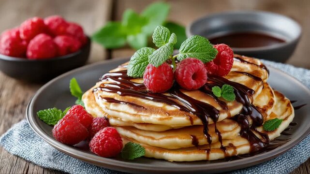 Golden pancakes topped with chocolate syrup, fresh raspberries, and mint leaves on dark plate. Rustic table setting. Sweet and fruity food.