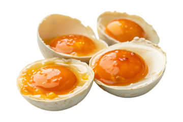 Close up of four salted egg yolks in eggshells