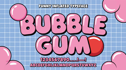 Pink bubble gum typeface with numbers and letters font