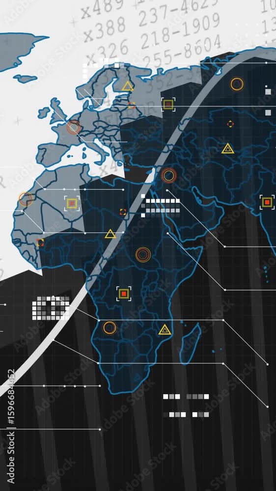 Poster animation of world map and digital data processing over statistics