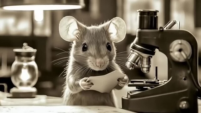 Curious lab mouse examining data, surrounded by scientific instruments study