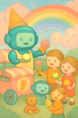 Obraz premium Playful Robot Ice Cream Vendor Serving Smiley Scoops in Fantasy Pastel Park – Fun Kids Summer Wall Art