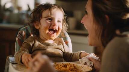toddler in high chair covered in food, spaghetti on face and hands, laughing with open mouth, mother wiping mess with napkin, warm natural kitchen light, authentic family moment photography 