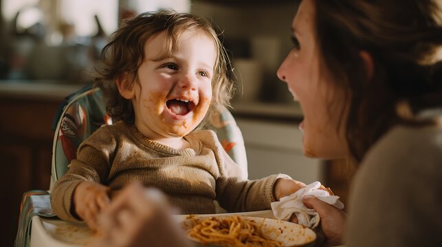 toddler in high chair covered in food, spaghetti on face and hands, laughing with open mouth, mother wiping mess with napkin, warm natural kitchen light, authentic family moment photography 