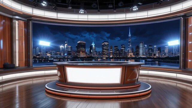 Modern Virtual News Studio Set, Empty News Desk, Cityscape Background
