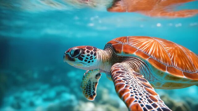Close-up of sea turtle gliding through crystal clear blue water above coral reef. The scene captures vibrant ocean life. Peaceful and majestic.