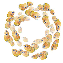 Round text frame with tropical yellow fish on a white background. Watercolor illustration of reef fish. The ocean and marine life theme is perfect for summer design, postcards, packaging, printing.