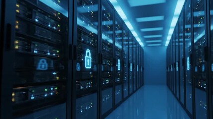 Cyber Fortress: Immersive view of a high-tech server room, where digital security and data storage come together in a secure sanctuary of the future. A captivating perspective - Powered by Adobe