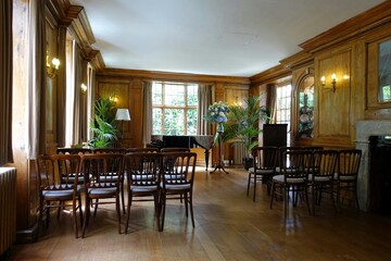 Wood-panelled music room located at Burgh House, New End Square in Hampstead, London
