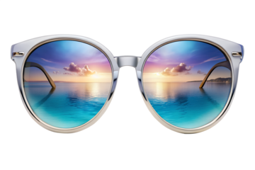 Stylish sunglasses with clear frames reflecting a beautiful ocean sunset scene isolated on transparent background