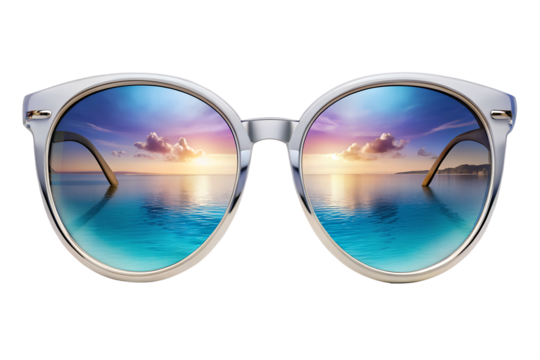 Stylish sunglasses with clear frames reflecting a beautiful ocean sunset scene isolated on transparent background