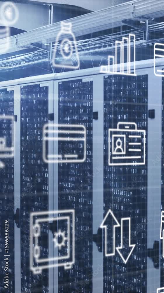 Poster animation of digital icons and data processing over computer servers