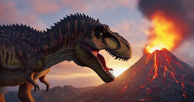 Dinosaur volcano sunset image