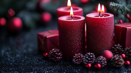 Festive red candles with pinecones and gifts christmas