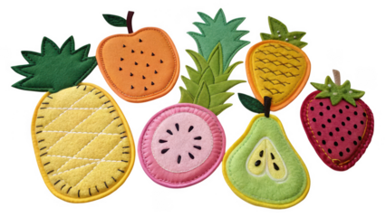 Collection of colorful felt fruit shapes isolated on transparent background