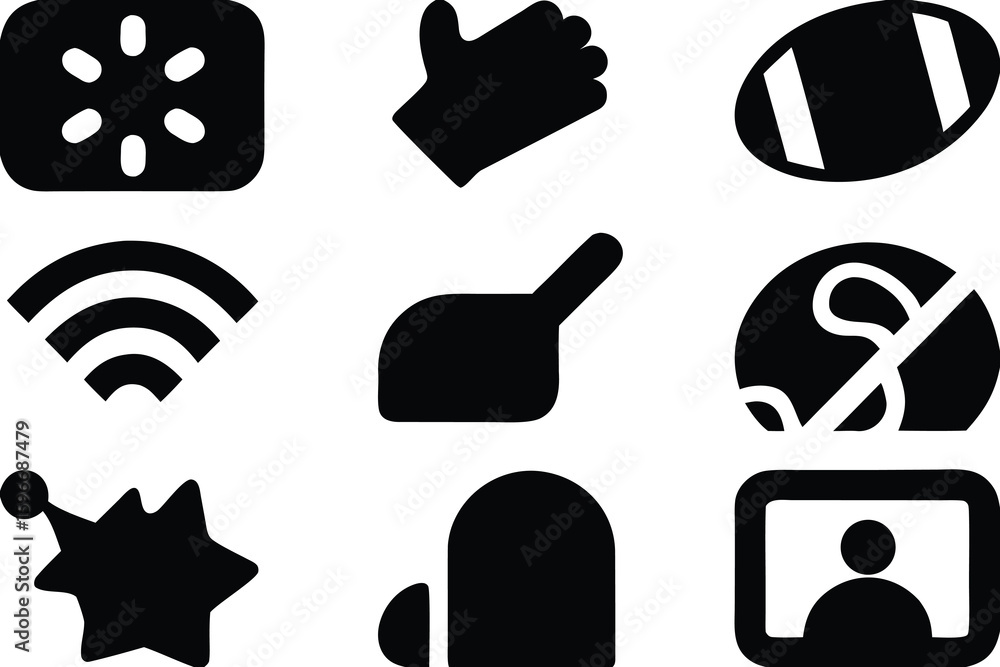 Poster black and white icons representing diverse objects and concepts set of silhouettes