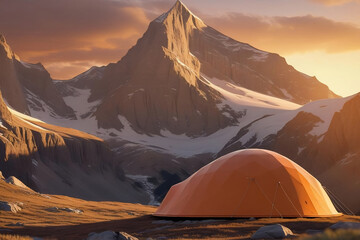 An orange geodesic tent nestled in a mountain landscape at sunset