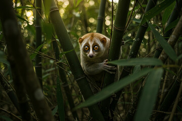 Wideeyed lorises grips bamboo Foliage obscures view Sunlight shines through