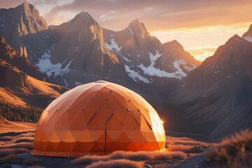 An orange geodesic dome sits amid mountainous terrain bathed in warm light