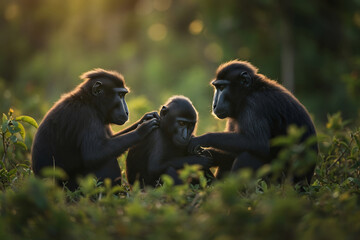 Three black macaques groom back lit by the sun in lush foliage