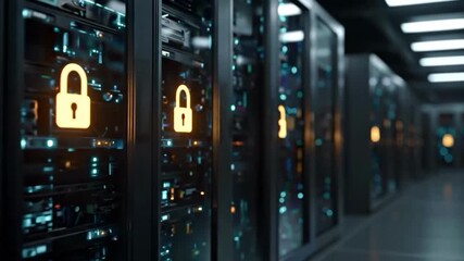 Digital Fortress: A futuristic data center showcases the cutting-edge technology of secure servers and cloud computing, with glowing lock icons symbolizing digital security and protection.  - Powered by Adobe