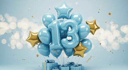 Celebration of 13th birthday with blue balloons and gift boxes in festive atmosphere