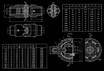 Scheme set of machine parts.
Engineering automotive mechanical drawing of steel 
device. Industrial design on paper sheet. 
Technology hand drawn schematic diagram 
of machined building industry. 