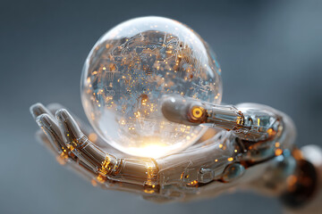 Robotic hand holding a glowing sphere with circuit patterns for futuristic technology