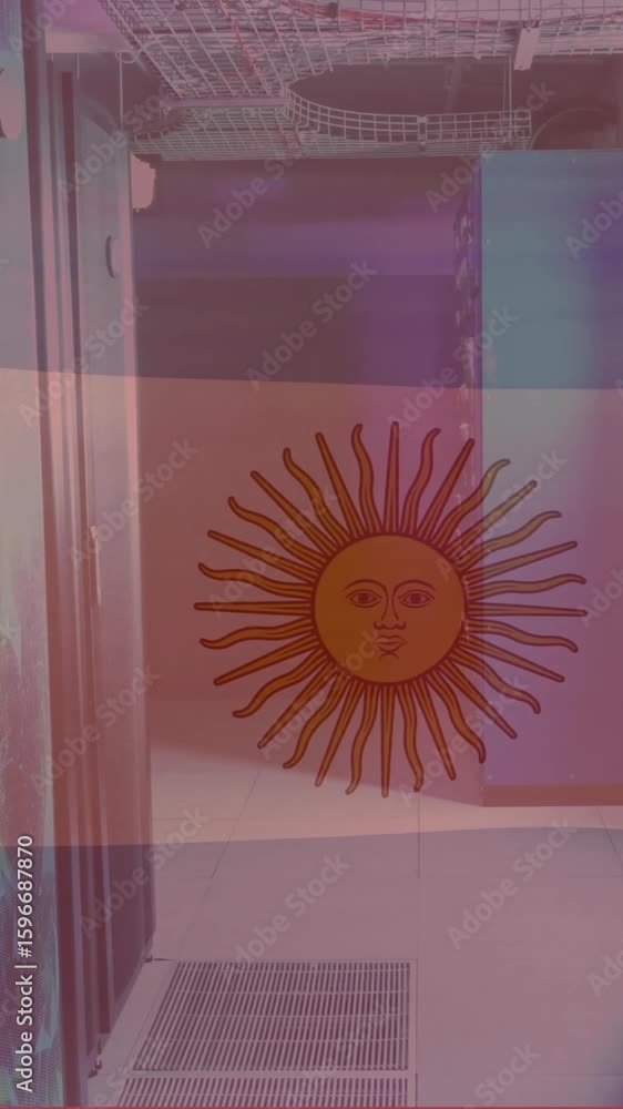 Poster animation of flag of argentina and digital data processing over computer servers