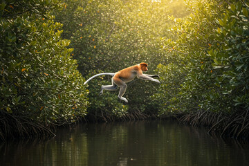 Proboscis monkey leaps across a dark river surrounded by mangrove roots and green foliage bathed in sunlight