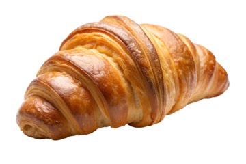 A golden brown croissant, a flaky french pastry, isolated on a transparent background