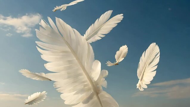 White Dove Feathers Falling in Slow Motion on Blue Sky