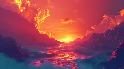 Naklejka premium A volcanic landscape with flowing lava and intense heat