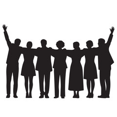 Diverse group of people standing together with arms around each other celebrating unity and teamwork in silhouette