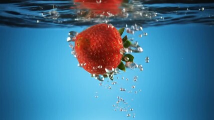 Strawberry Splashing Into Water With Blue Background Close Up View - Powered by Adobe