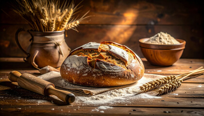 Fresh baked bread loaf wheat flour rolling pin food