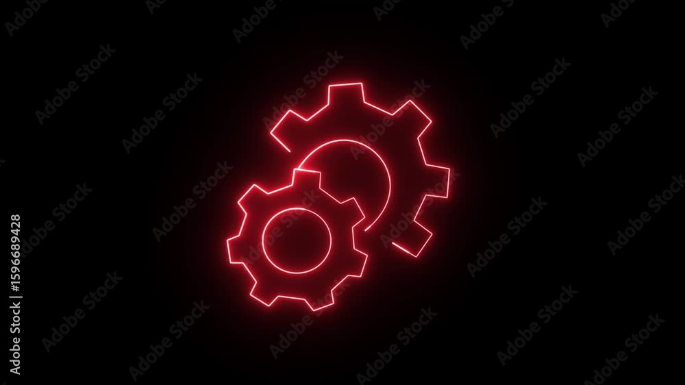 Poster neon-style representation of two interlocking gears, commonly recognized as an icon representing 