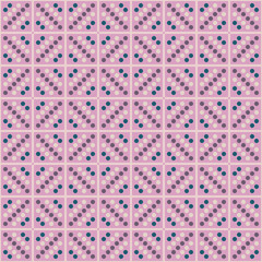 Geometric pattern of purple-pink and green circles in square. Abstract pattern seamless vector. Concept of block, grid, dots, retro, blocks, vintage for textiles, wrap paper, texture, fabric design.