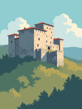 Corato, Italy &ndash; Castello Svevo fortress walls in dark gray stone, azure sky, olive green, and terracotta